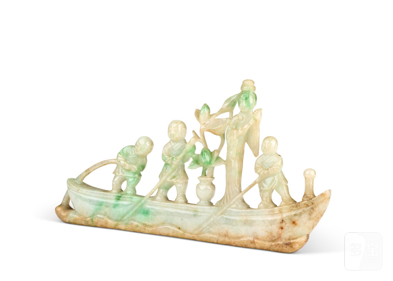 清十九世紀 翠玉童子泛舟擺件  CHINA, QING DYNASTY, 19TH CENTURY - 图3